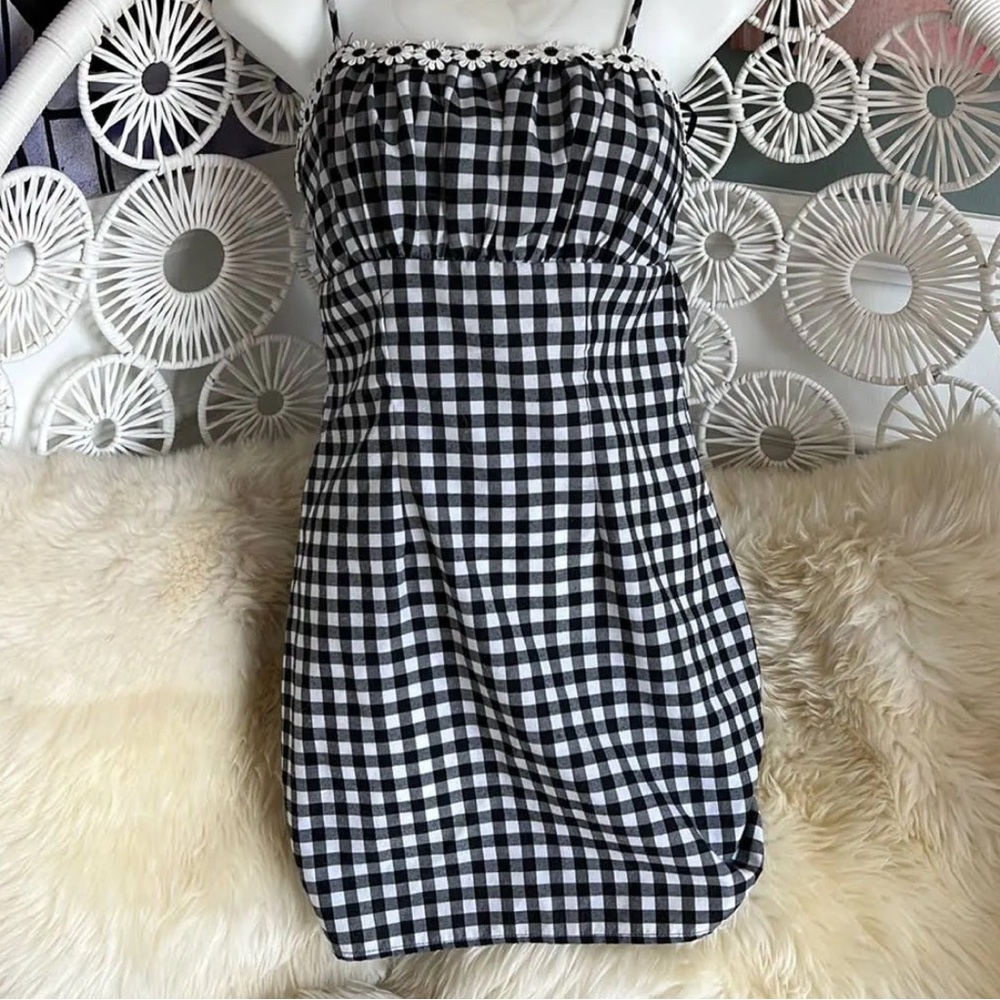 Forever 21-Gingham Daisy Embroidered Dress, Black/White, Size XL, Retro Vibe!